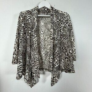 Easywear By Chico's Women's Animal Print 3/4 Sleeve Open Front Cardigan Gray 1